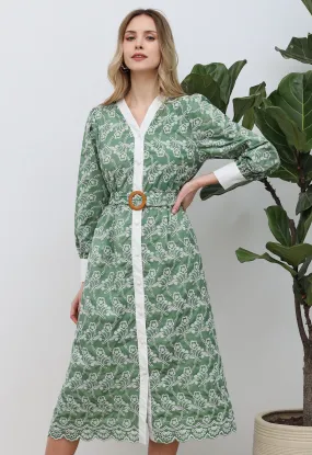 Robe boutonnée brodée Dancing Floret en vert